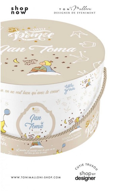 Cutie trusou botez personalizata cu Micul Print special create pentru baieti in nuante de alb bleu si crem 1
